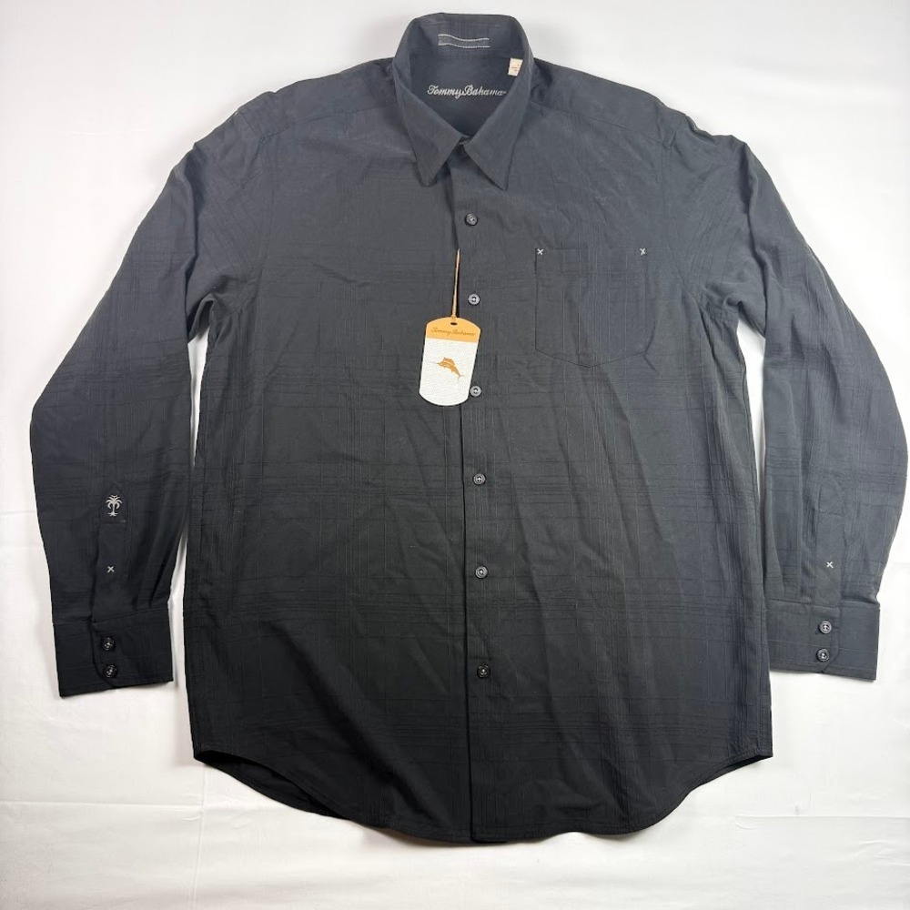 Tommy Bahama Button Down Shirt Mens Large 100% Silk Black Tonal Grid Long Sleeve